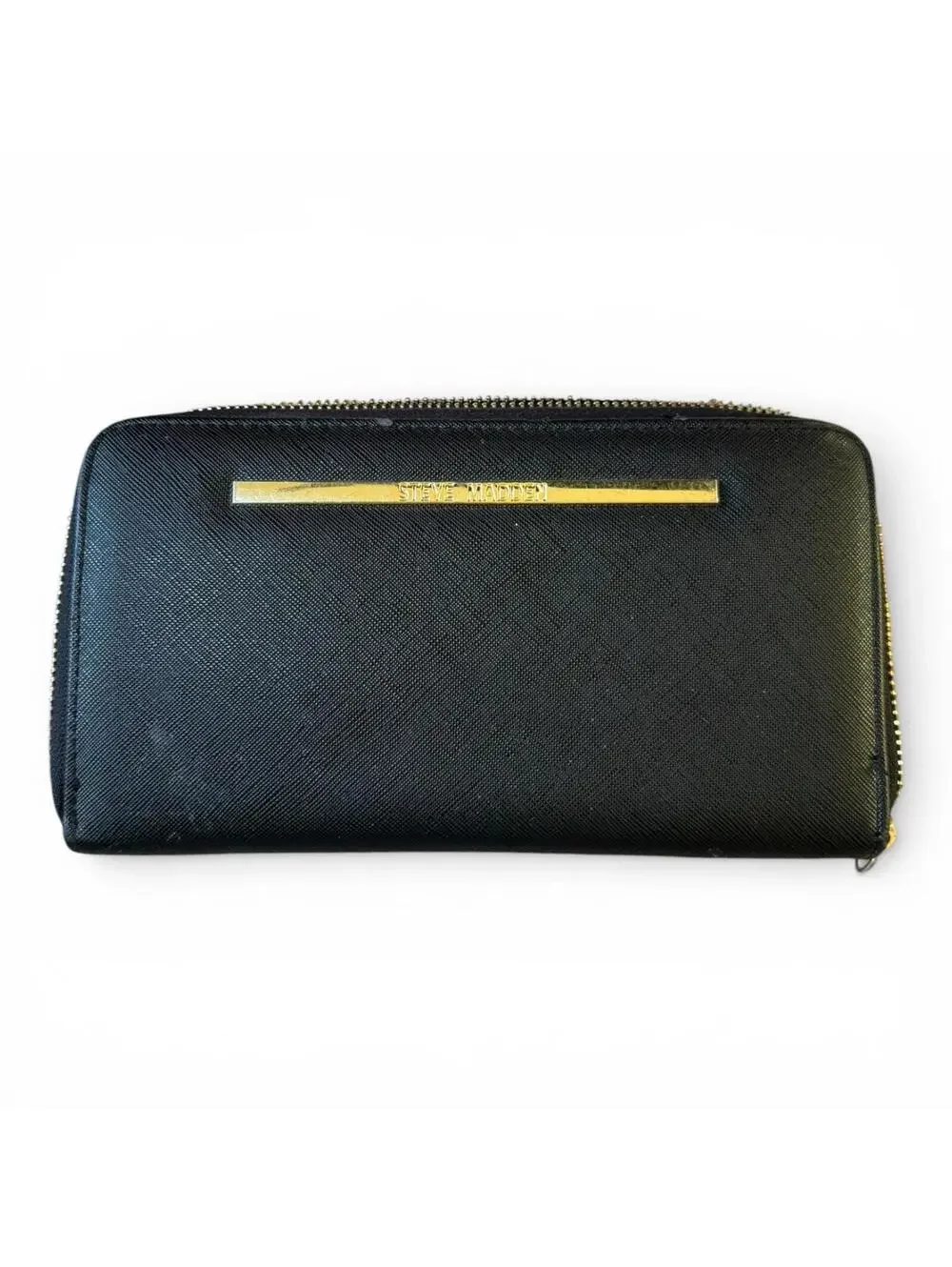 Steve Madden Large Black Pleather Wallet Bifold Gold Colored Hardware GC